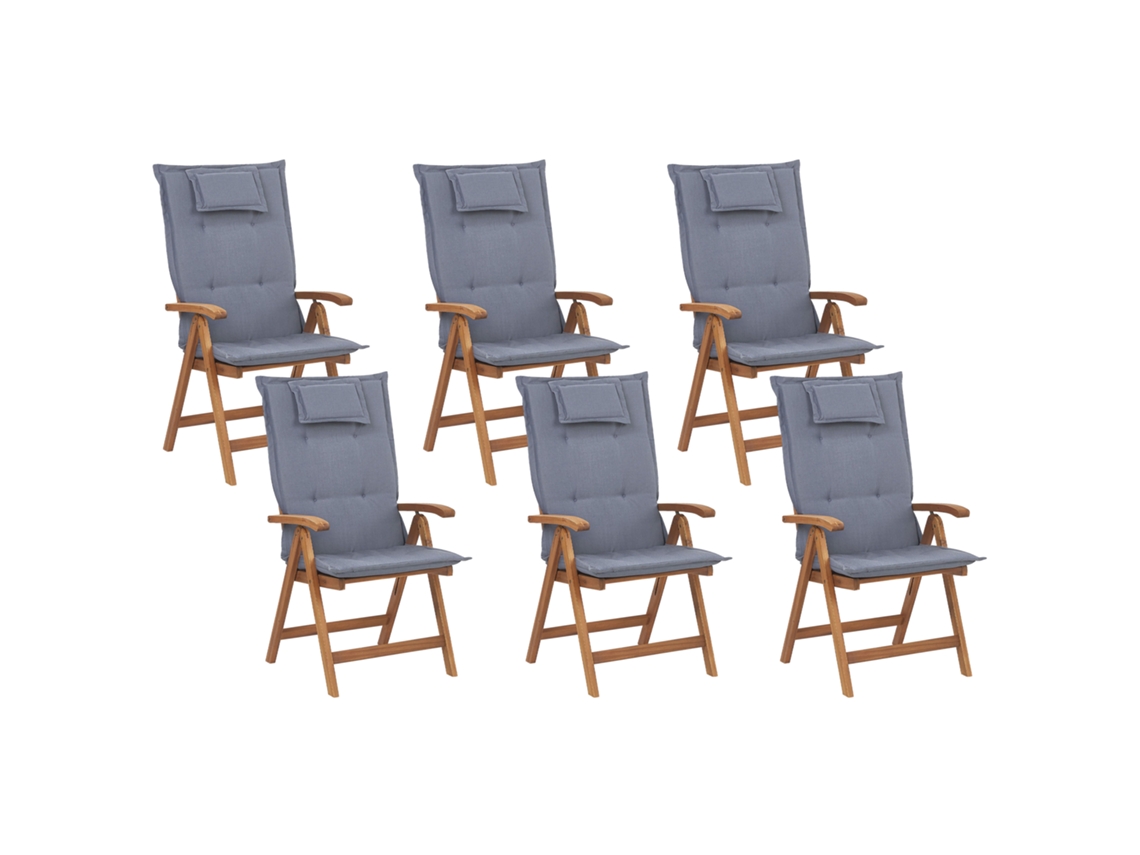Conjunto De 6 Cadeiras Dobráveis Com Almofadas A Condizer Beliani Java De Madeira De Acácia Azul 54x69x105