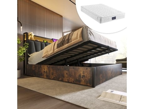 Cama De Metal Estofada Com Led, Usb E Iluminação Led, Cama Em Metal 140x200cm, Estrado De Madeira Cinza (com Colchão)