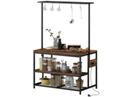 Estante De Cozinha Marrom Rústico 116x70x182cm, Estilo Industrial, Tomada De Corrente, Ganchos E Móvel Auxiliar