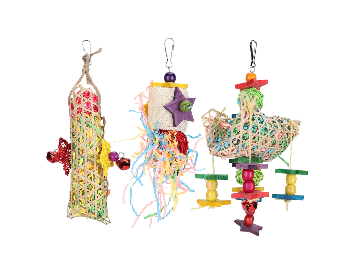 Conjunto de 3 brinquedos de vime e papel AQUAFORGE para gaiola, para morder e mastigar