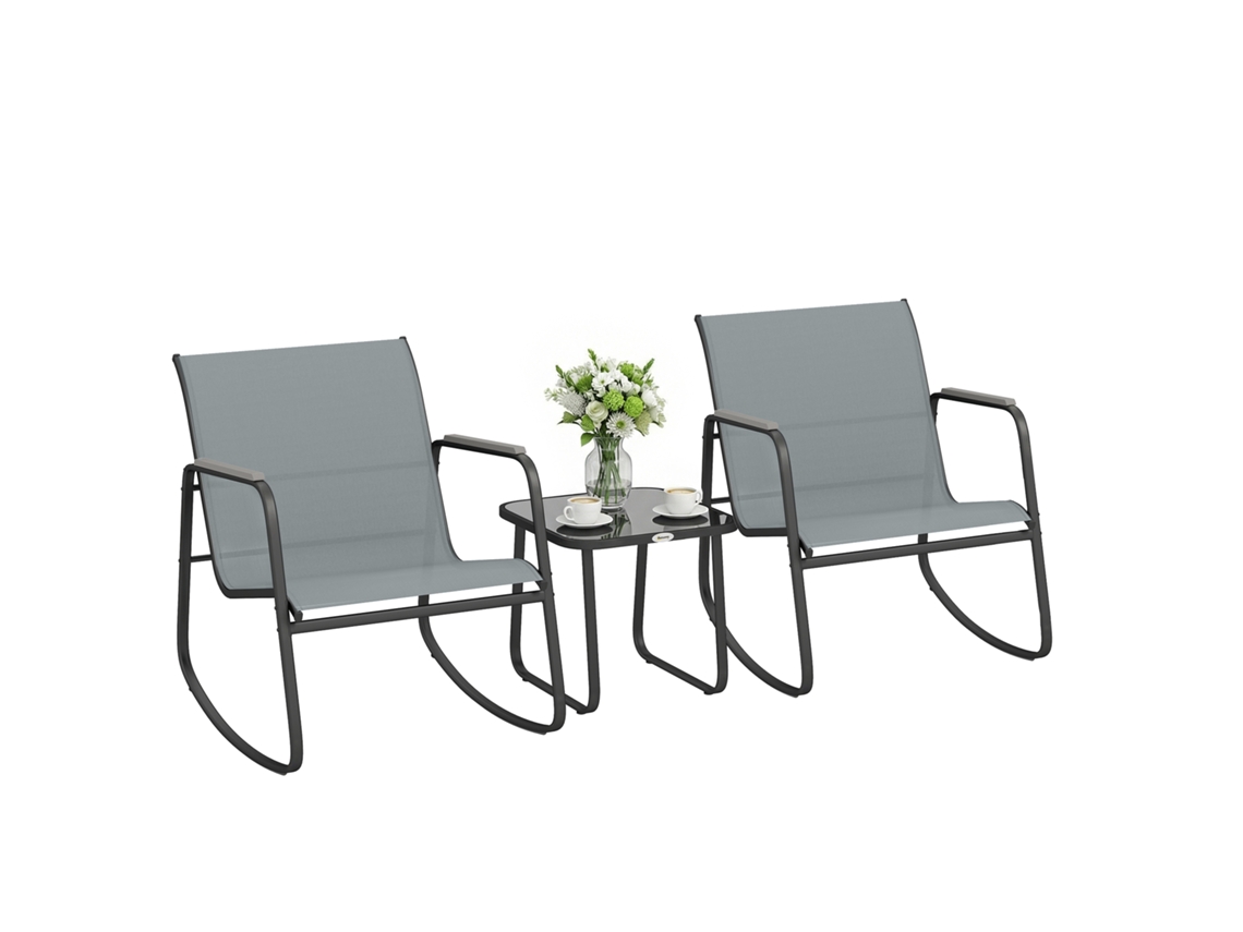 Conjunto Externo 3 Peças em Aço com 2 Cadeiras de Balanço Respiráveis e Mesinha com Tampa de Vidro.cinza e Preto