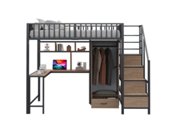 Cama Alta DELCOND metálica 140x200 com escrivaninha, prateleira, guarda roupa, gavetas, escada de armazenamento, grade de segurança