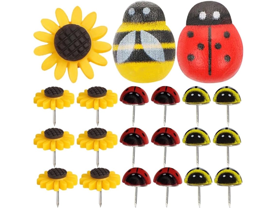 Pequenos Tachinhas Decorativos em Fio de Plástico, com Desenhos de Abelha, Joaninha e Girassol, Fáceis de Guardar