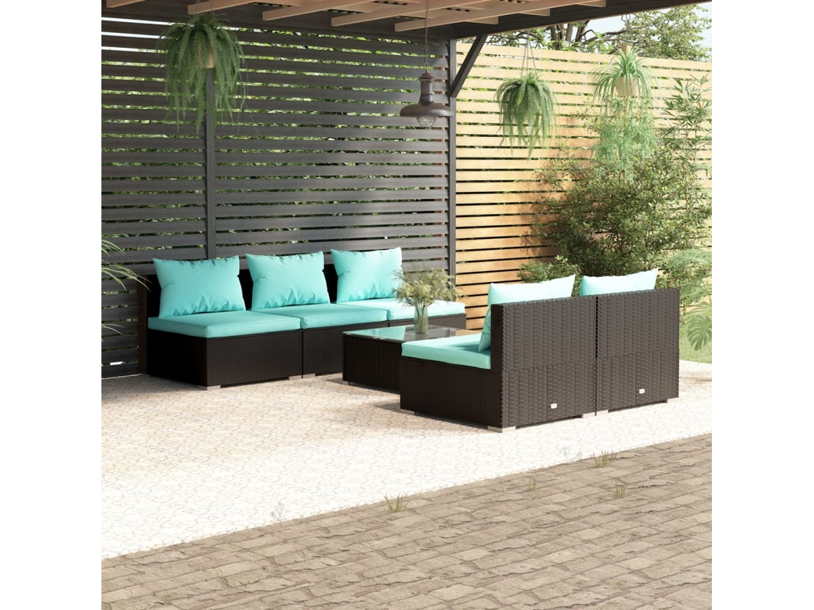 Vidaxl 6 Pcs Conjunto Lounge De Jardim C/ Almofadões Vime Pe Preto