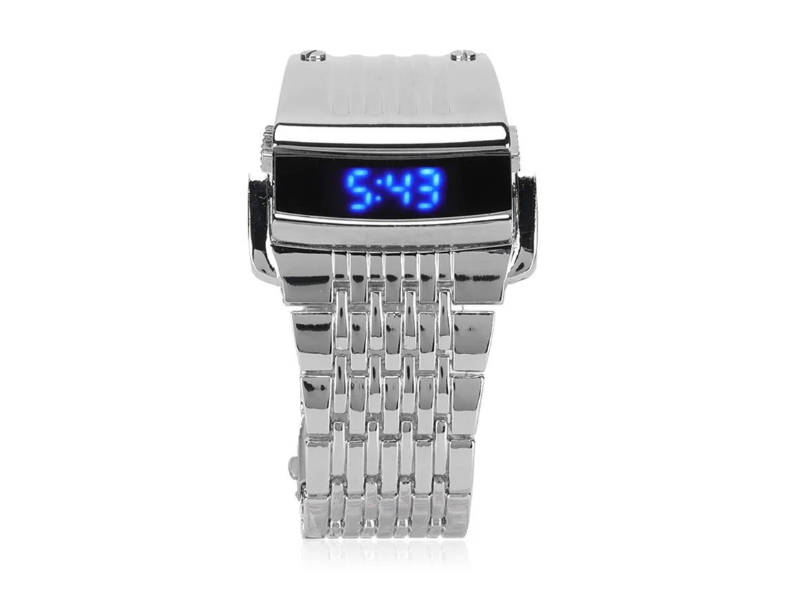 Relógio Masculino De Liga Leve Display Digital Led Com Pulseira De Quick Release Prateado Luz Azul