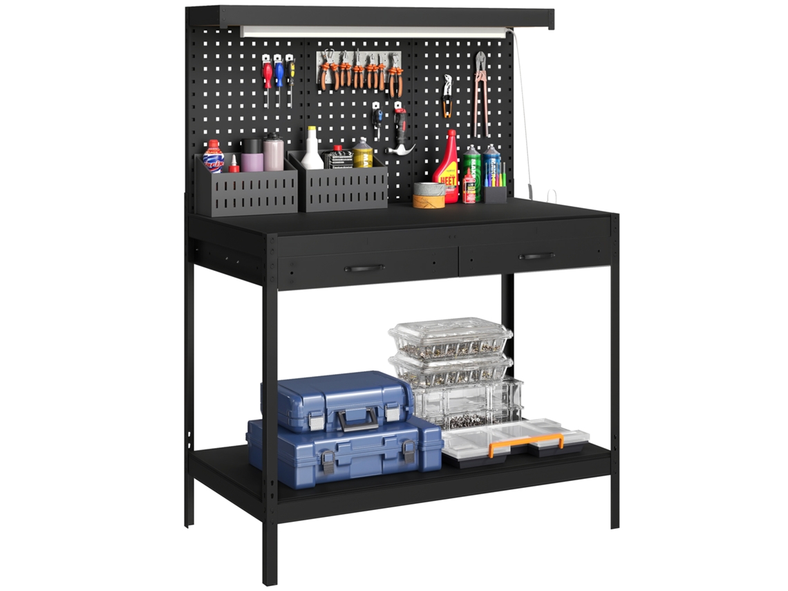 Banco de trabalho metálico preto, 272kg, 110x60x150cm, painéis perfurados, tomadas, luzes LED, gavetas | S/MARCA