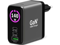 Carregador PORT DESIGNS GaN com Ecrã OLED + Cabo USB-C Connect (140W - Preto)