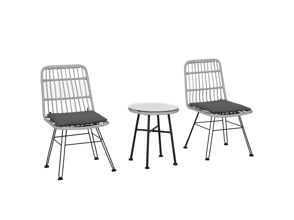 Conjunto de 3 peças em Rattan PE e aço: mesa de centro com vidro e 2 cadeiras Bistrô Cinza ZENCORE SERVICES