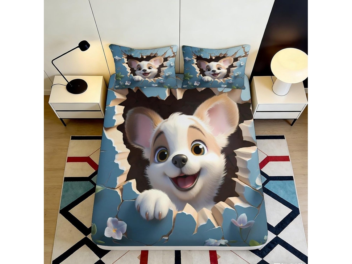 Conjunto de Cama com Estampa Cachorro em Microfibra Fronha 200x25cm