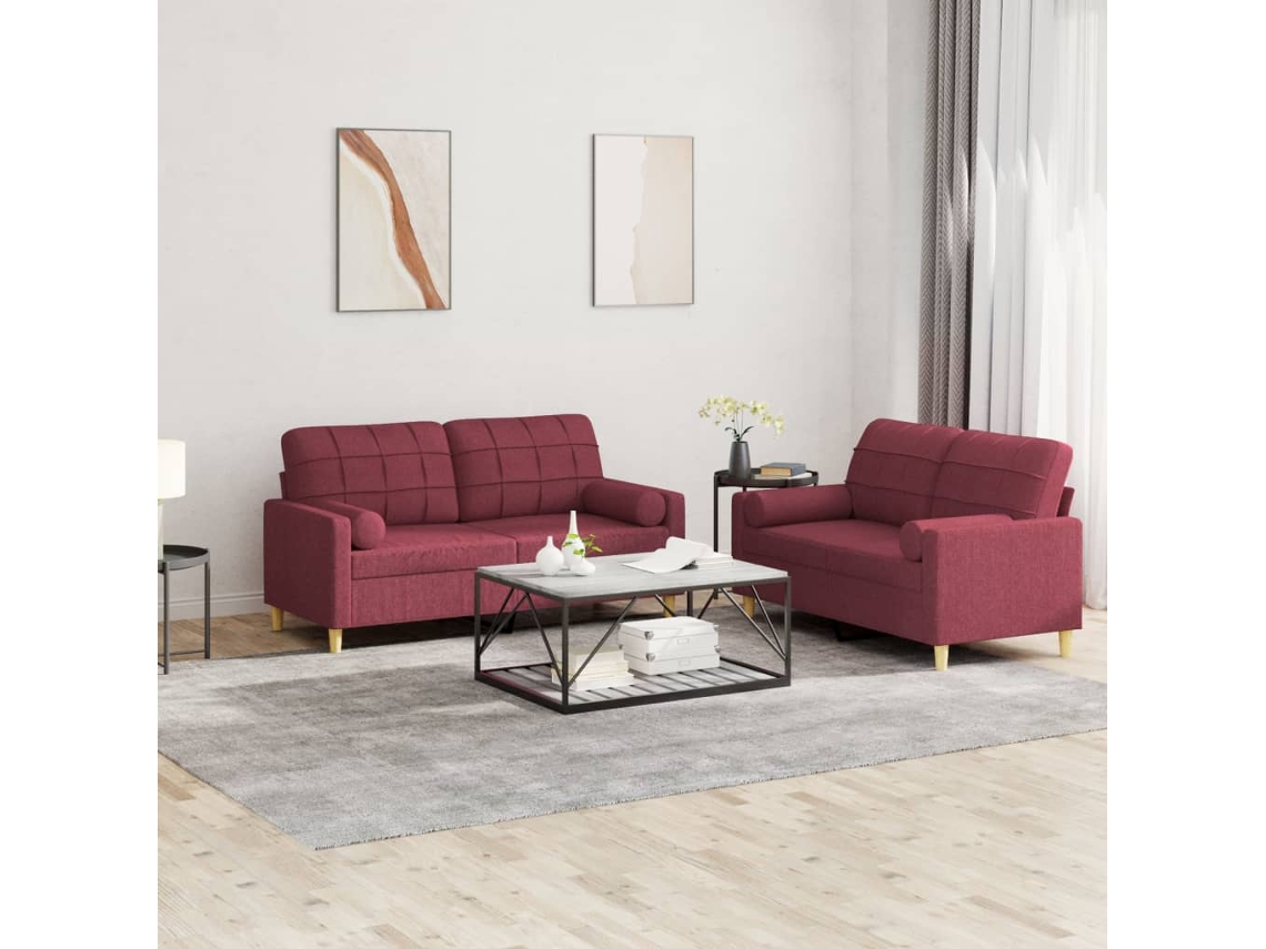 Vidaxl 2 Pcs Conjunto De Sofás Com Almofadas Tecido Vermelho-tinto