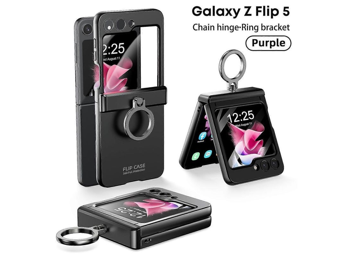Capa para Samsung Galaxy Z Flip 5 com suporte de anel, protetor de tecido e proteção de dobradiça, preta.