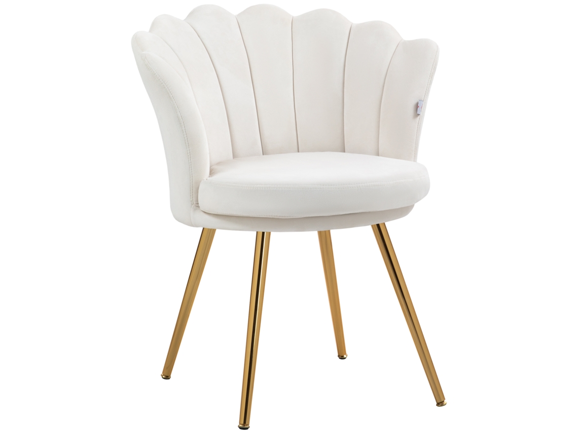 Poltrona Concha Veludo com Pernas Metal, Creme Dourado