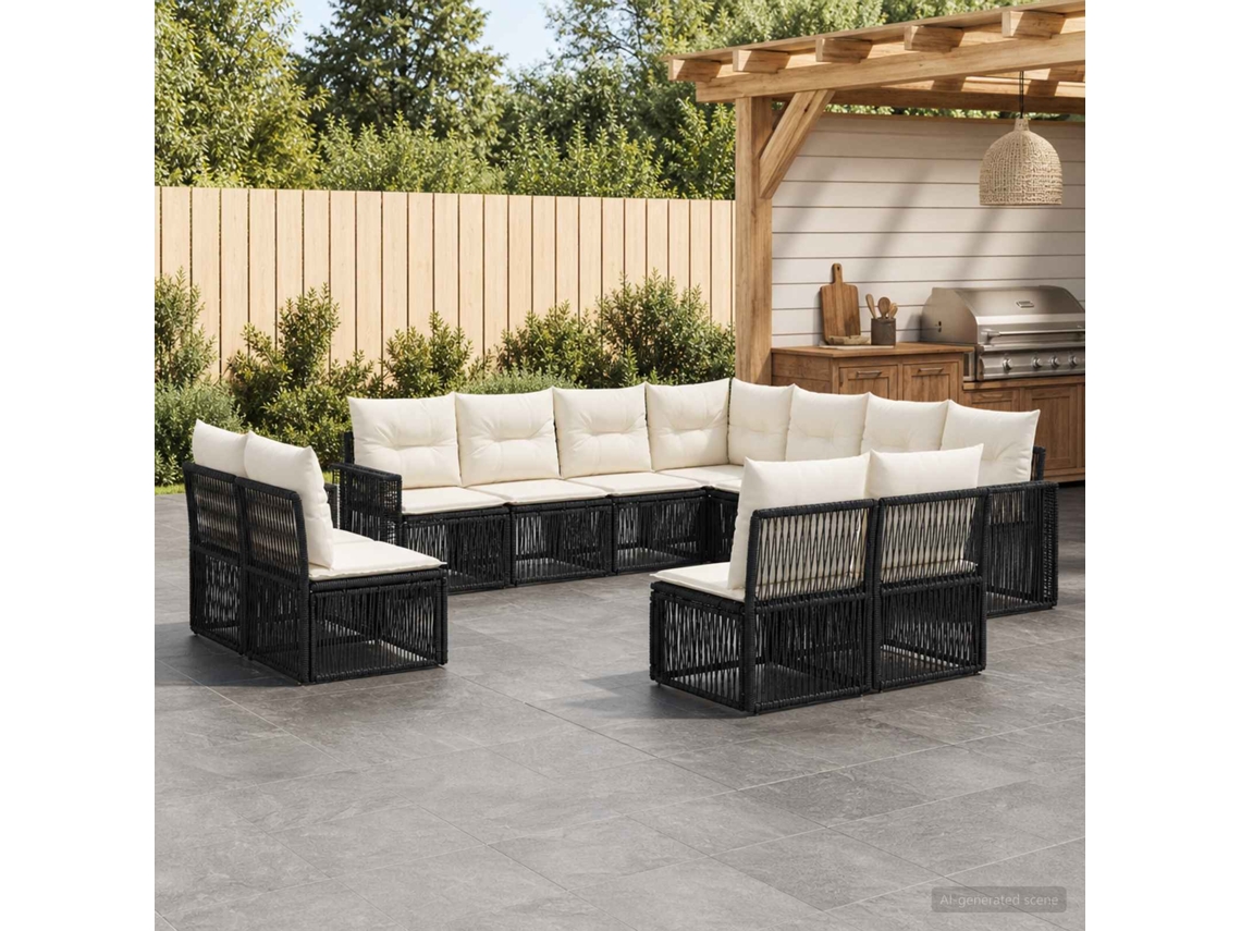 Vidaxl Conjunto De Sofá De Jardim 11 Pcs Preto E Branco Creme Vime Pe