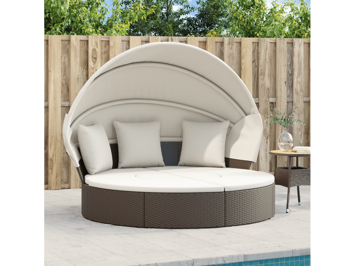 Vidaxl Cama Lounge De Exterior C/ Toldo E Almofadões Vime Pe Castanho