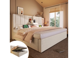 Cama Estofada 140x200 Porta-copos Usb Hidráulico Linho Bege