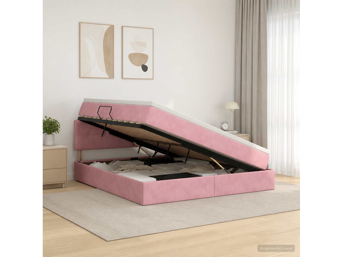 Vidaxl Cama Com Armazenamento Com Cabeceira Rosa 140 X 200 Cm Veludo