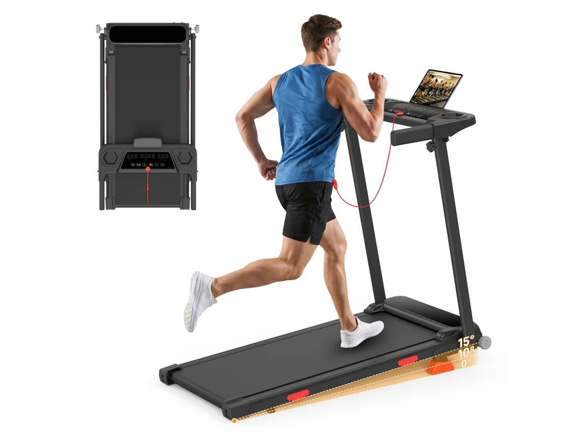 Passadeira de Corrida HOMEFITNESSCODE Q5b, 12 Km/h, 15° Inclinação, 3.0hp Motor Silencioso, com App e 12 Programas, Painel Táctil, Até 150kg