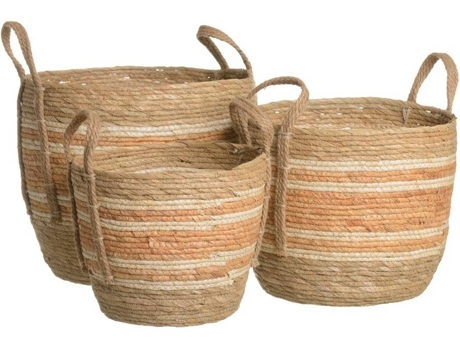 Conjunto De 3 Cestas De Fibras Naturias Laranja Com Asas Rústicas