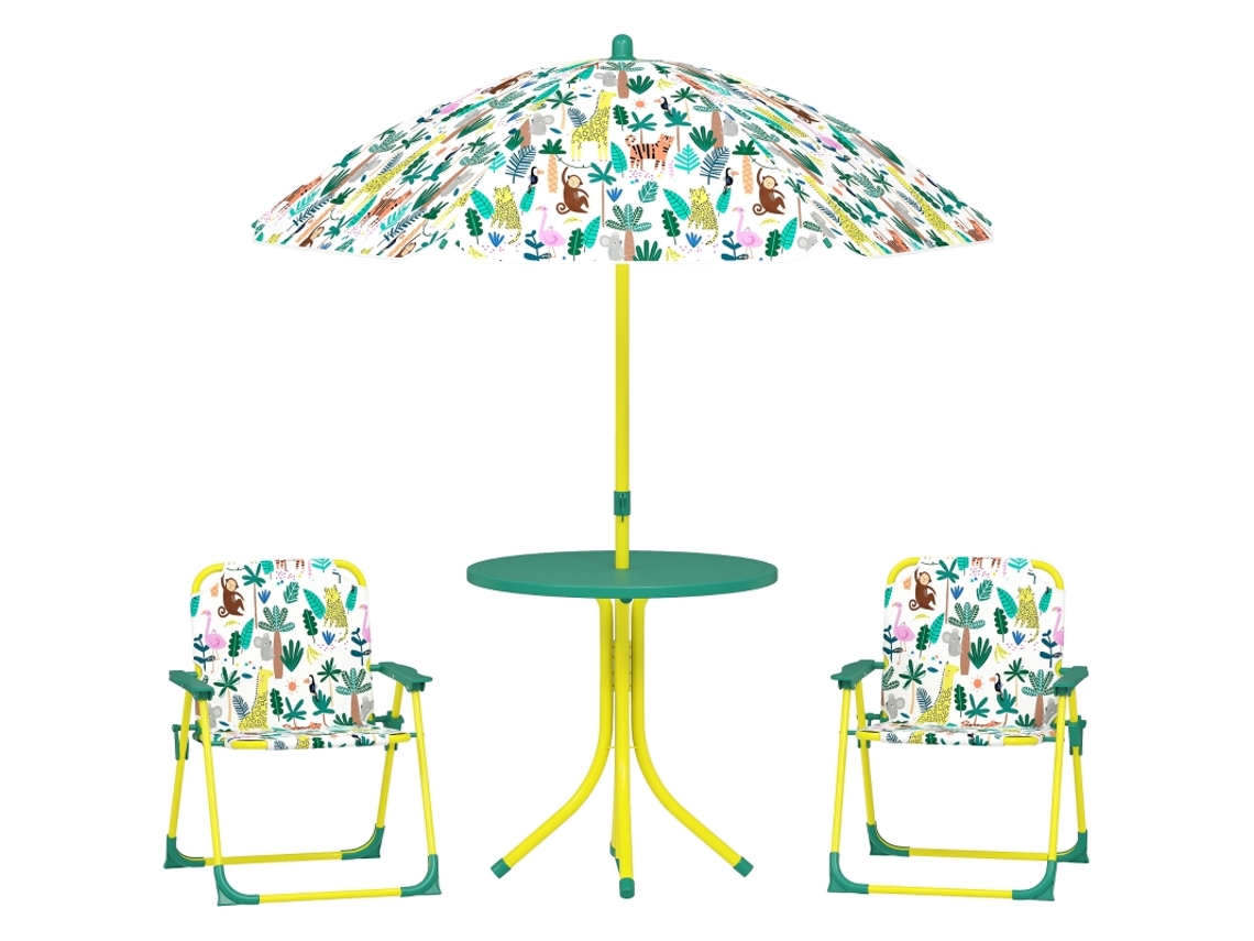 Conjunto BRAVENTO, 4 peças, mesa, 2 cadeiras, dobráveis, guarda-sol, verde