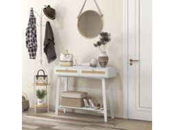 Mesa de Entrada Branca com 2 Gavetas de Vime, Consola para Sala e Corredor 100x30x81 Cm