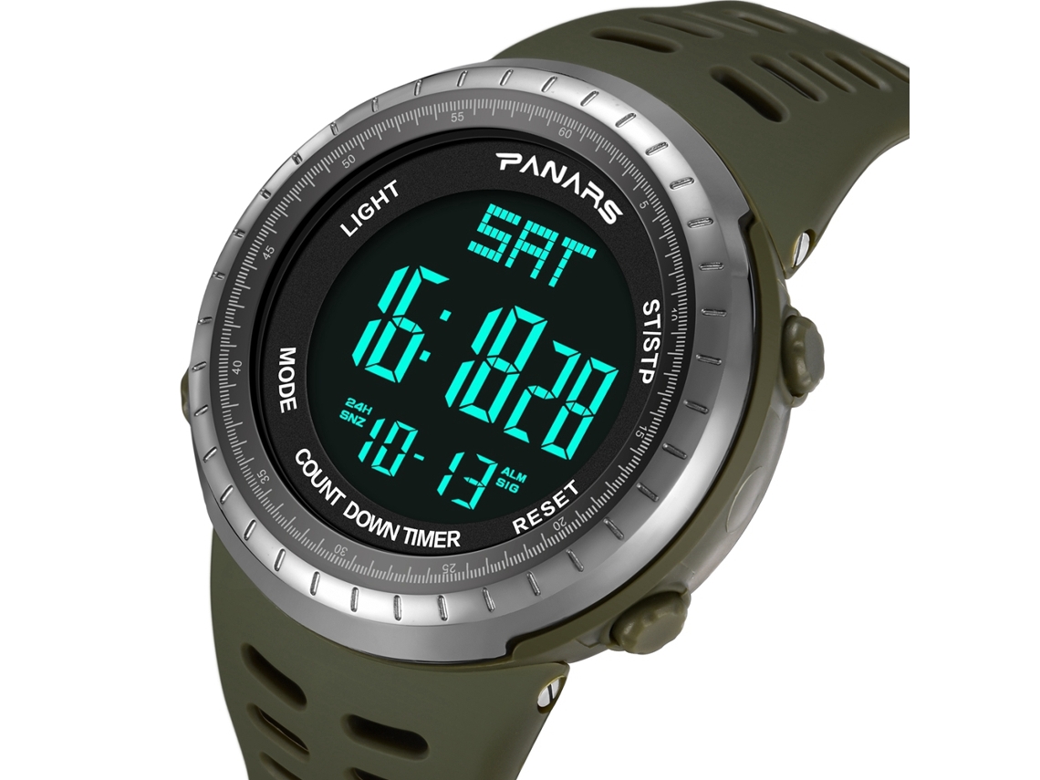 Relógio esportivo masculino Panars luminoso e à prova d'água com duplo fuso horário e calendário (verde militar)