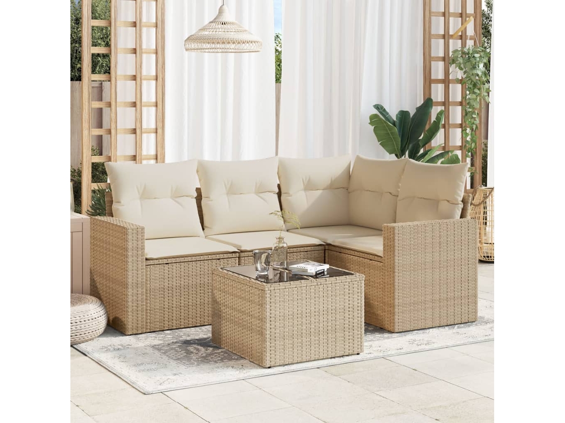 Vidaxl 5 Pcs Conjunto De Sofás P/ Jardim Com Almofadões Vime Pe Bege
