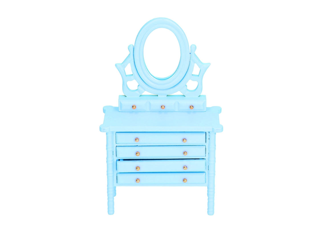 Mali mesa de Maquiagem Miniatura de Madeira 1:12 para Casinha de Boneca com Espelho Azul
