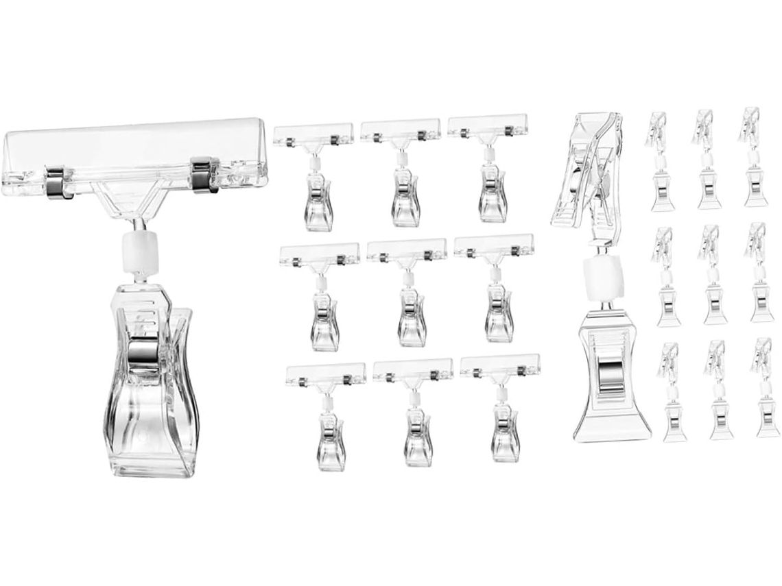 Suporte transparente para vitrines com 20 clipes giratórios para placas de aço inoxidável e EPS, fácil instalação.