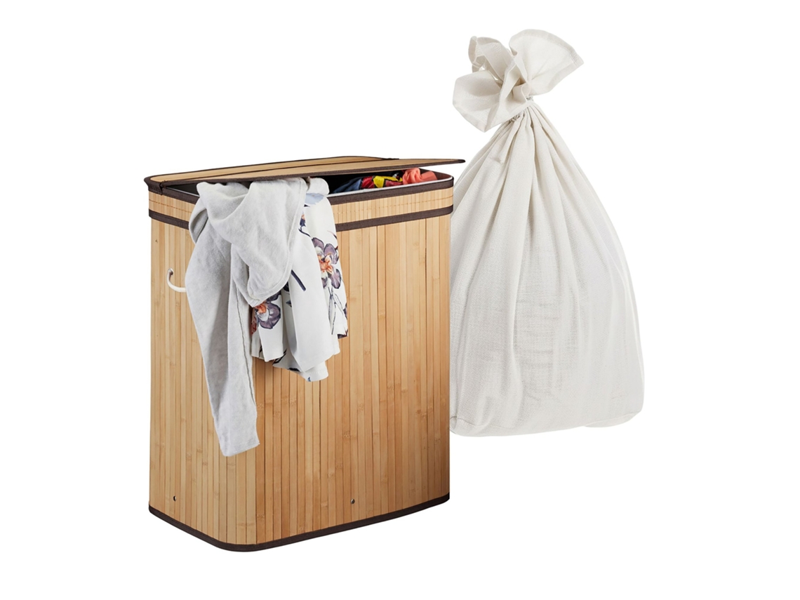 Cesto De Roupa Suja De Bambu, Com 2 Compartimentos, Dobrável, Para Organizar E Guardar Roupa Suja De Forma Prática