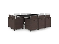 Conjunto 11 jantar exterior com almofadões VIDAXL vime PE castanho