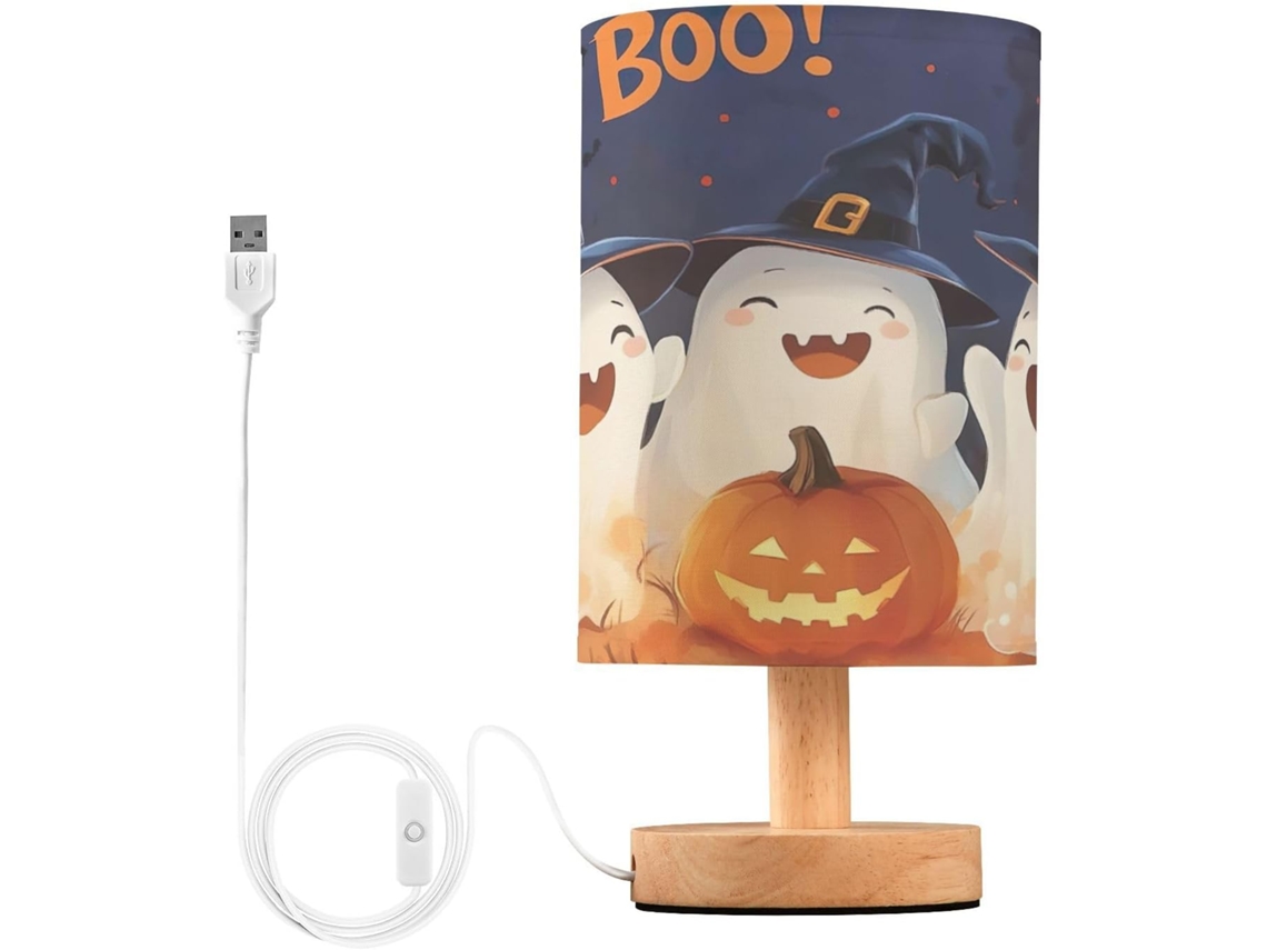 Luminária De Cabeceira Skyshu Halloween Boo Pequena Mesa Led Usb Com Base Madeira Antiderrapante E Cúpula Que Não Agride