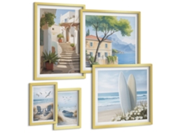 Conjunto De Pinturas Praias, Palmeiras, Água Cristalina Moldura Dourada Quadros Para A Sala De Estar Espelharte (conjunto De 5 Imagens)