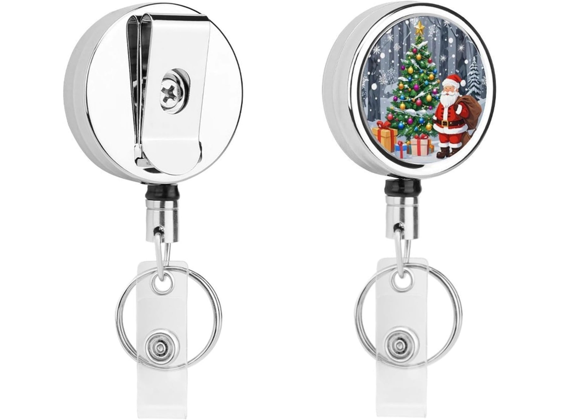 Porta Crachá De Natal Com Papai Noel, Compacto E Leve, Retrátil, Em Metal, Com Clipe E Chaveiro Ideal Enfermeiros