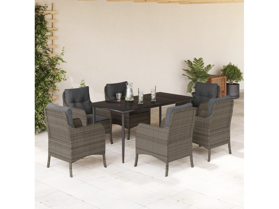 Vidaxl 7 Pcs Conjunto De Jantar P/ Jardim C/ Almofadões Vime Pe Cinza