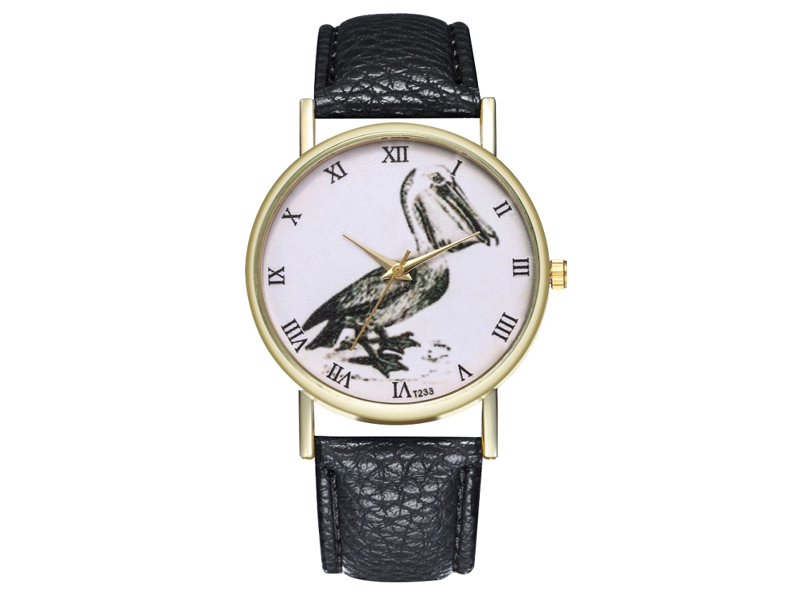 Relógio feminino Zhoulianfa, estilo quartzo, pulseira de couro PU, mostrador redondo, estampa de pássaro preto.