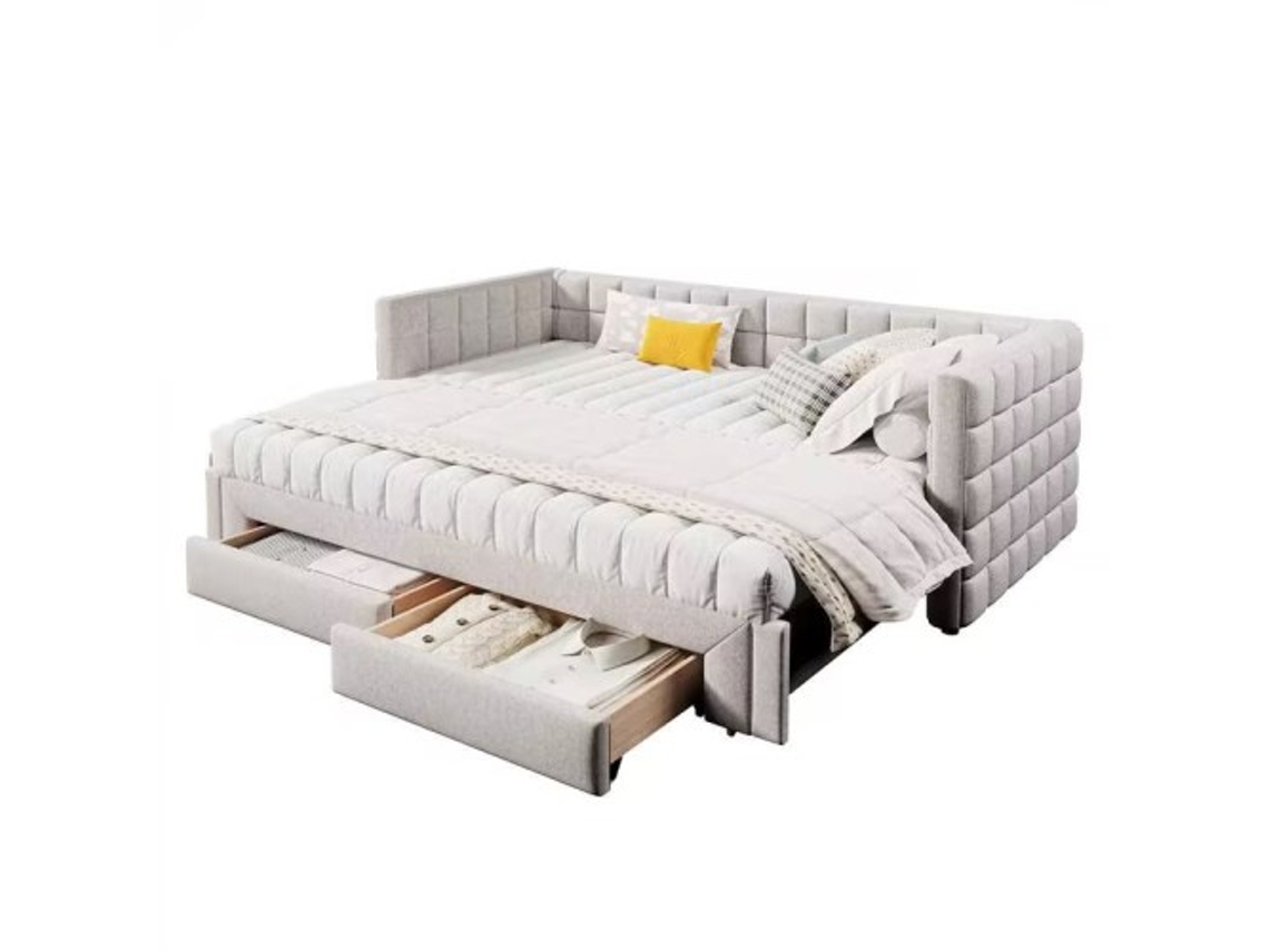 Sofá Cama 90x200cm, com Encosto Quadrado, Extensível, 2 Gavetas, Sem Colchão, Bege DELCOND