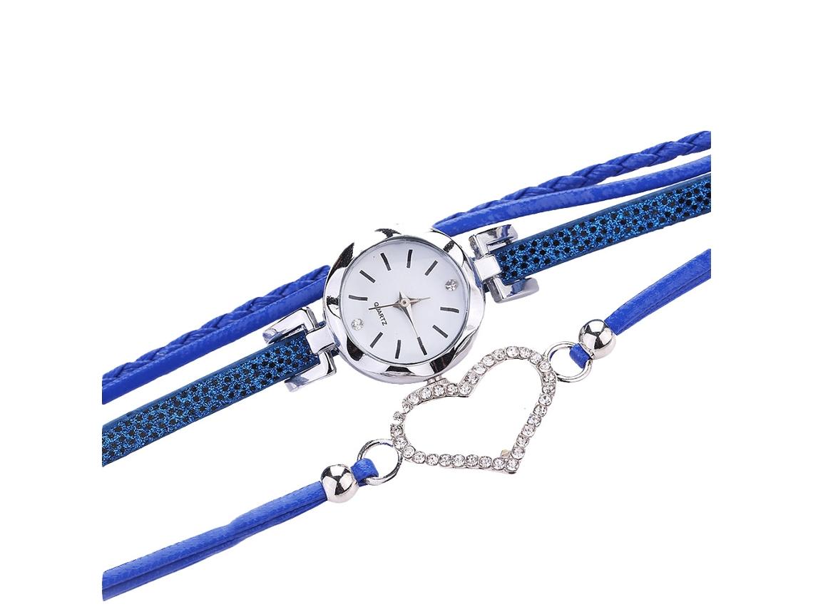 Relógio de Pulso Feminino Fashion com Pulseira de Couro Pu e Strass Coração (azul)