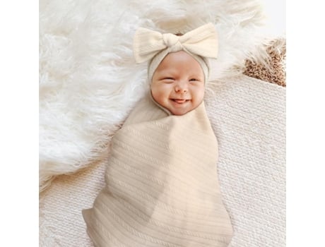 Cobertor De Fraldas Quentinho Para Recém-nascidos, Meninos E Meninas, Com Gorro E Faixa De Cabeça Combinando (branco-sujo)