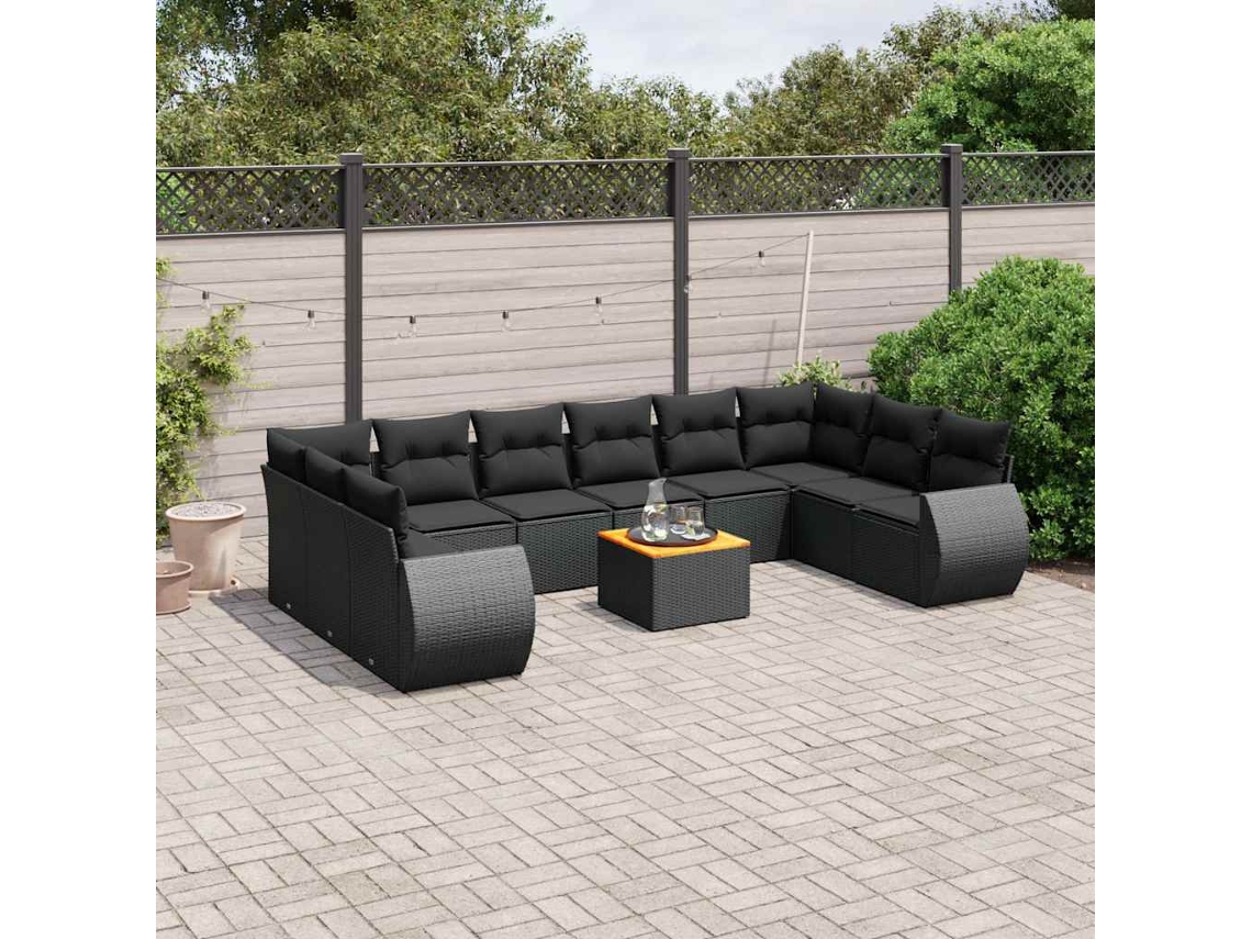 Vidaxl 11 Pcs Conjunto Sofás De Jardim C/ Almofadões Vime Pe Preto