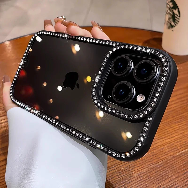Capa Transparente Para Celular Com Strass Brilhantes (iphone 14 Pro Max, Preta), Proteção À Prova De Choque, Estrutura Rígida De Acrílico.
