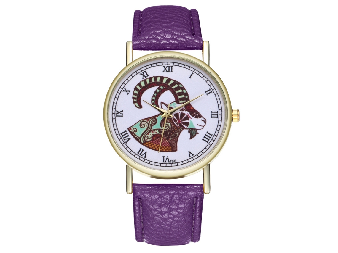Relógio de quartzo unissex com pulseira de couro PU, mostrador moderno com estampa de cabra, cor roxa casual.
