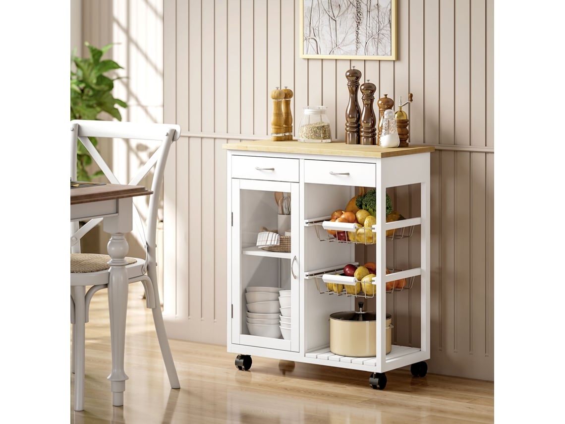 Carrinho De Cozinha, 67 X 35 X 80 Cm, 2 Gavetas, Mdf, Bambu, Branco