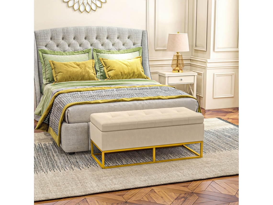 Banco Retangular Com Espaço De Armazenamento, Assento Acolchoado E Pés De Aço, 110x44x49 Cm, Bege.