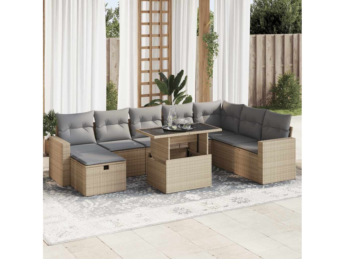 Vidaxl 9 Pcs Conjunto De Sofás P/ Jardim Com Almofadões Vime Pe Bege