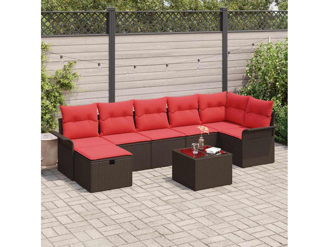 Vidaxl Conjunto De Sofá De Jardim 8 Unid. Marrom E Vermelho Vime Pe