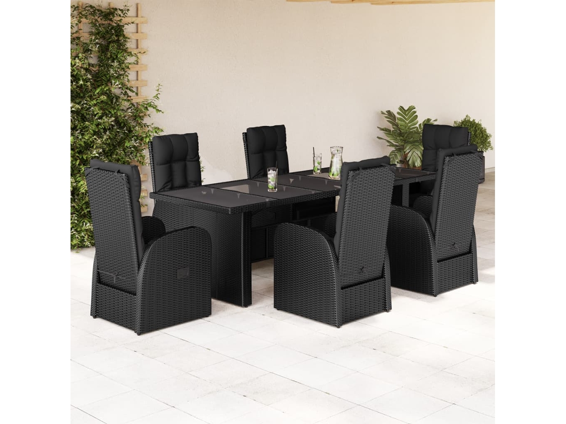 Vidaxl 7 Pcs Conjunto De Jantar P/ Jardim C/ Almofadões Vime Pe Preto