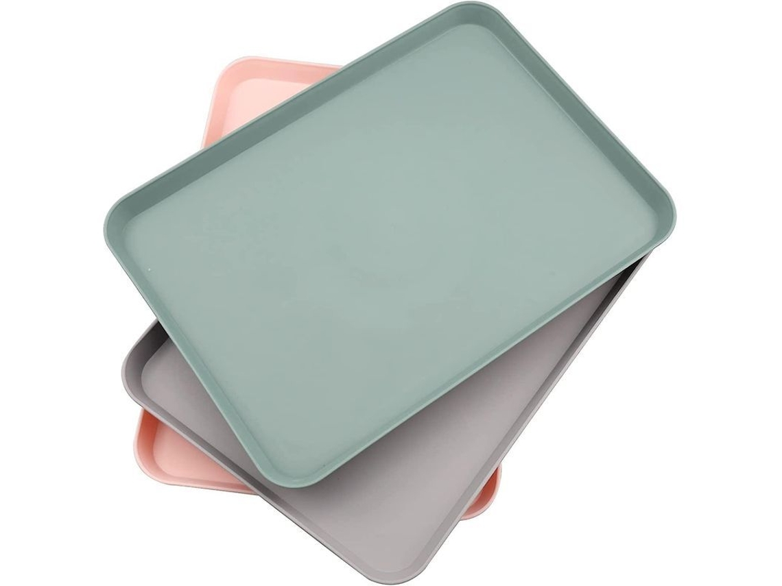 Kit Com 3 Bandejas Plásticas Retangulares Pequenas Para Cozinha, Jantar, Café, Cores Rosa, Cinza, Cinza-verde