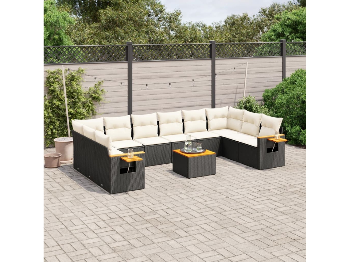 Vidaxl 11 Pcs Conjunto Sofás De Jardim C/ Almofadões Vime Pe Preto