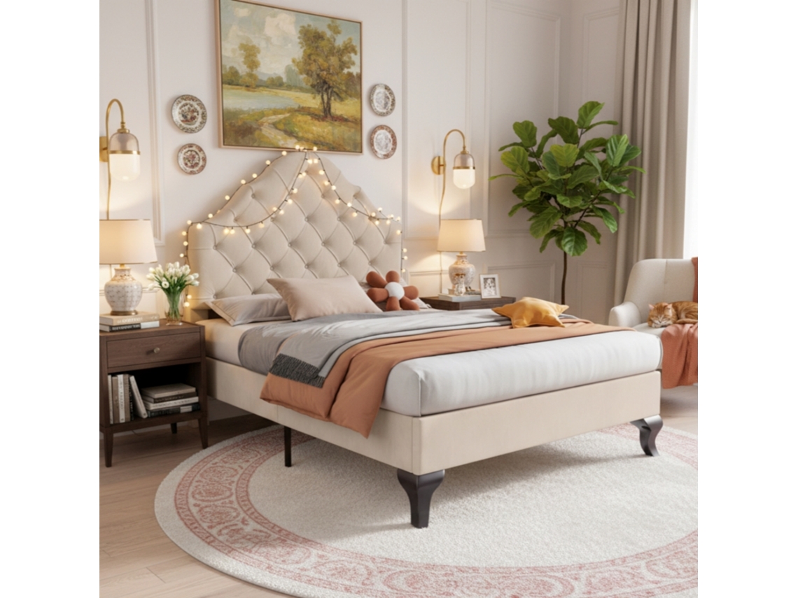 Cama de Solteiro 90x200 Cm, Cabeceira Ajustável, Estrado de Ripas de Madeira, Veludo Bege, Fácil Montagem. VSOGA