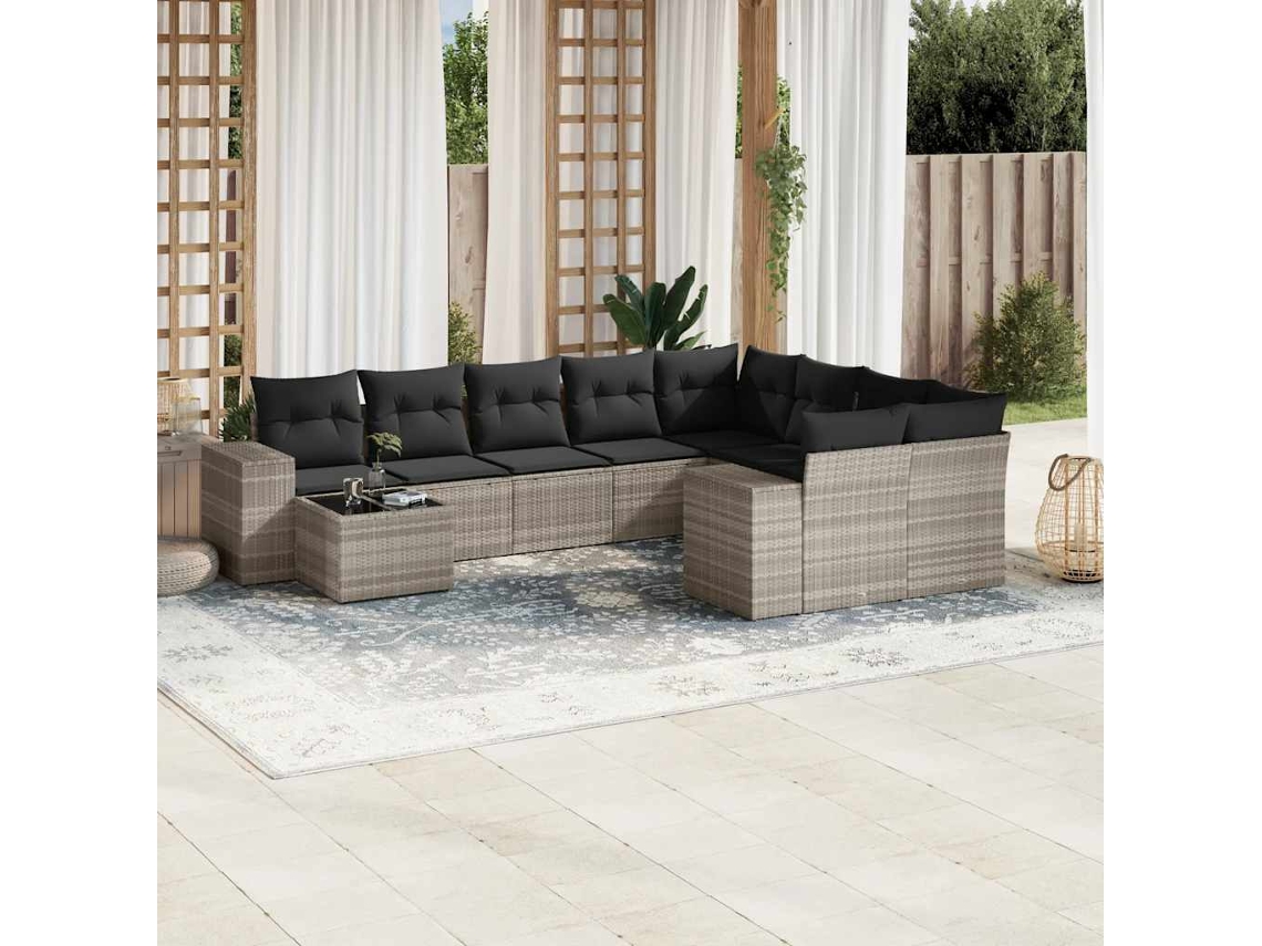 Vidaxl 10 Pcs Conj. Sofás Jardim com Almofadões Vime Pe Cinzento claro